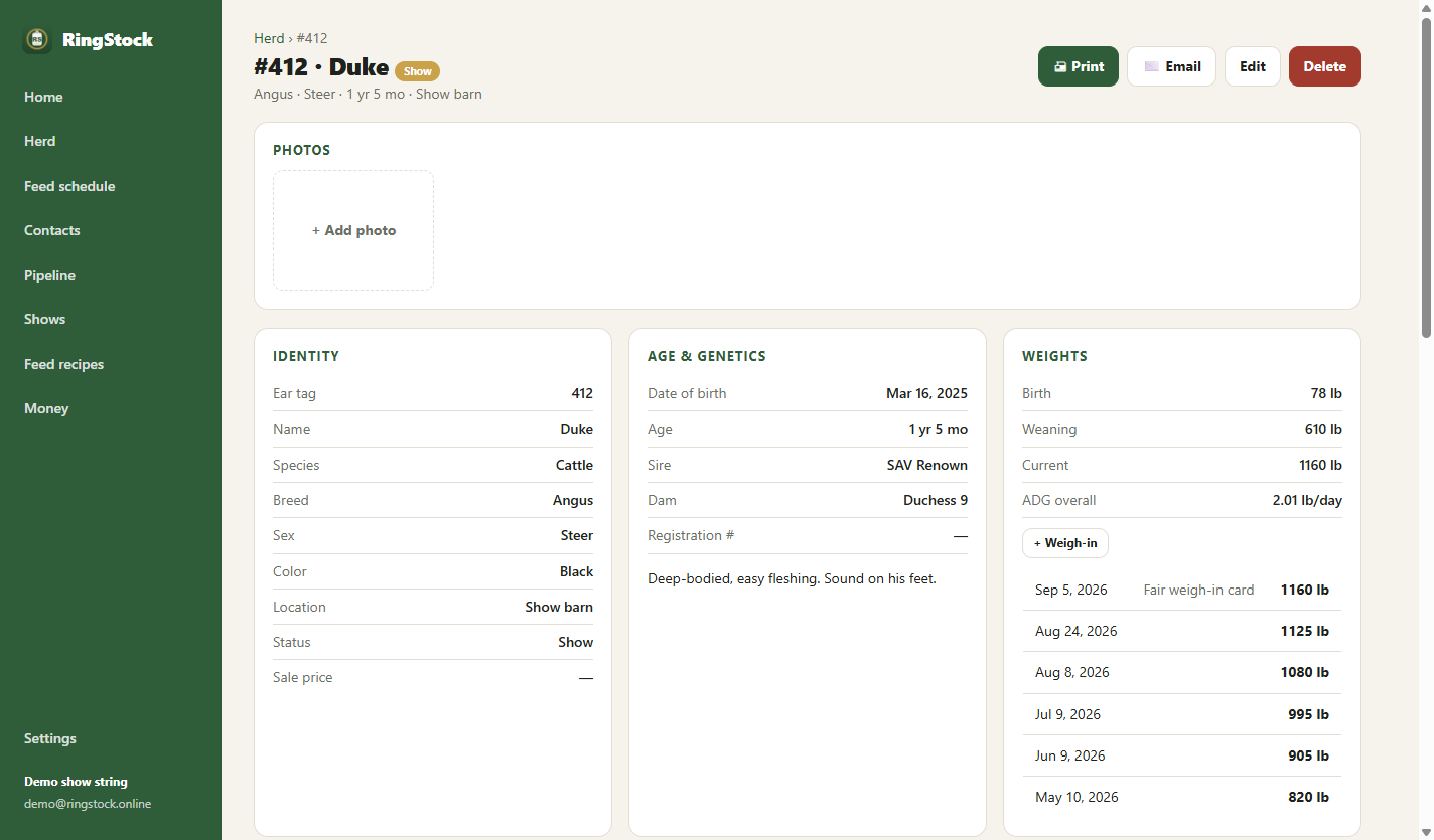 An animal's page on RingStock for Windows