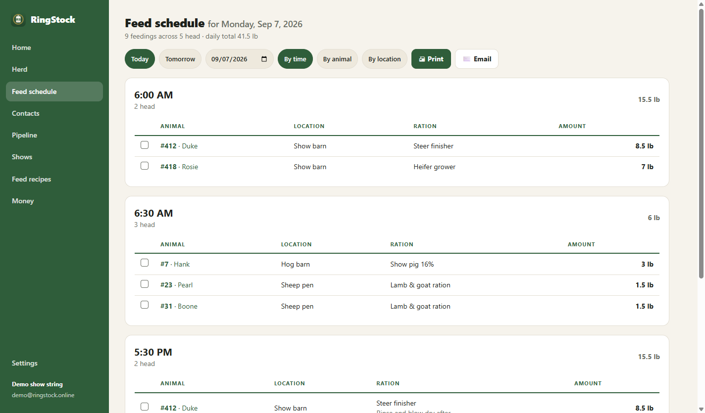 Herd feed schedule grouped by feeding time