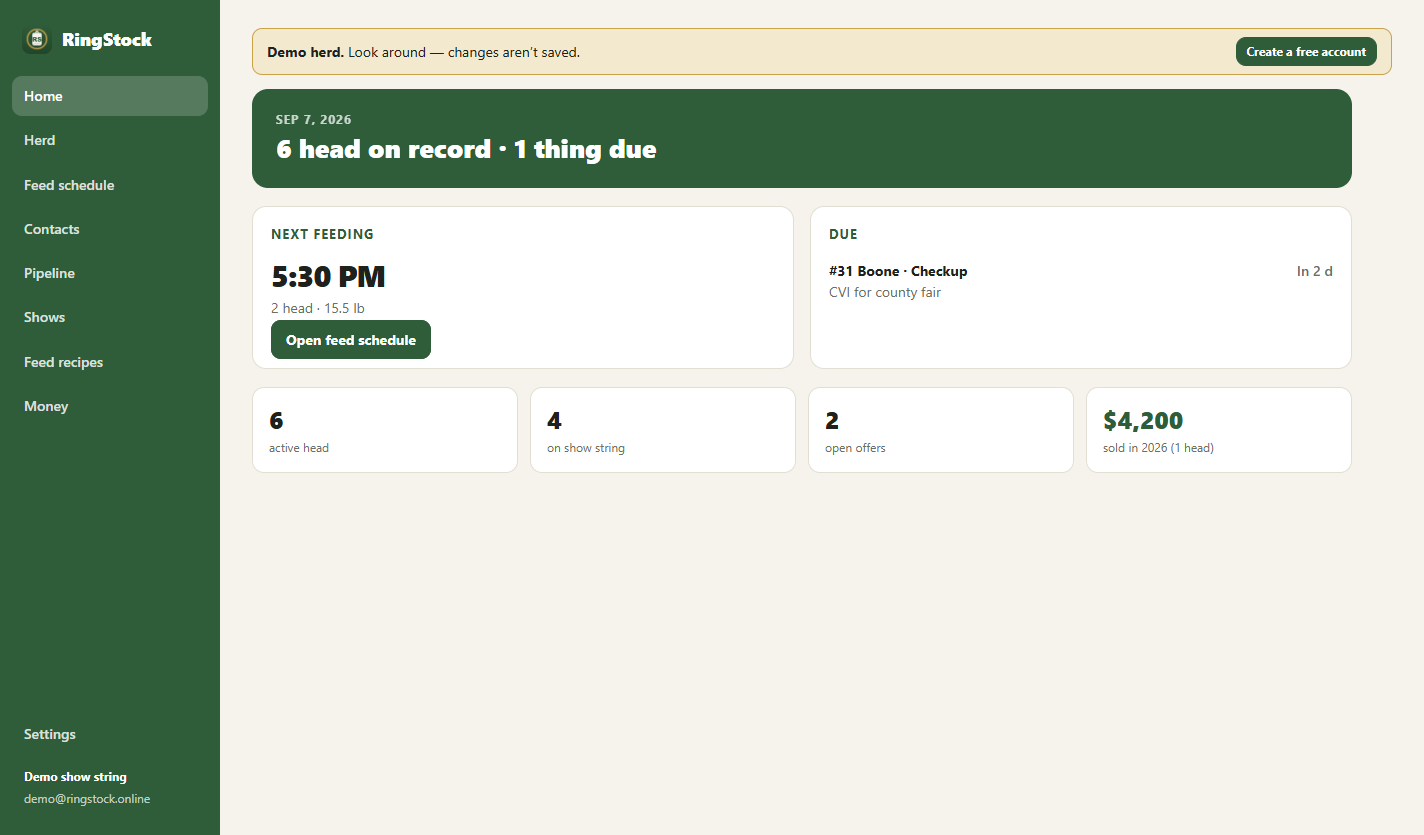 RingStock's Today screen: next feeding, what's due, and the herd at a glance