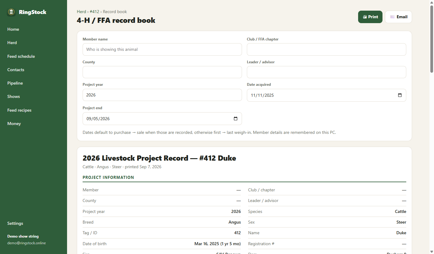A 4-H / FFA record book generated from an animal's records