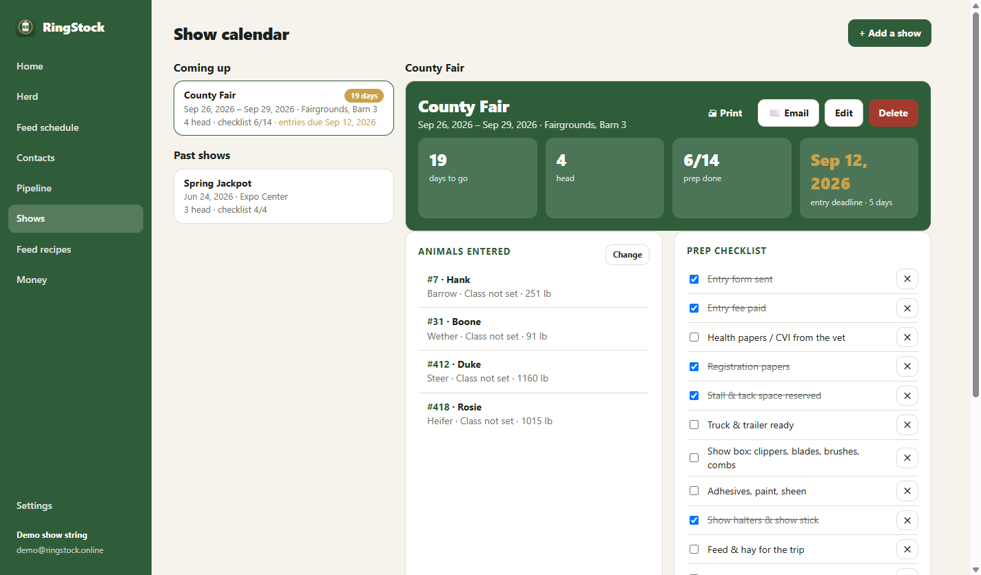A show on the calendar with its prep checklist and animals entered